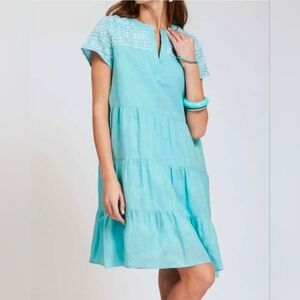 Tyler Boe Tanya Linen Blue Tiered Embroidered Medium Flowy Dress Beach Boho